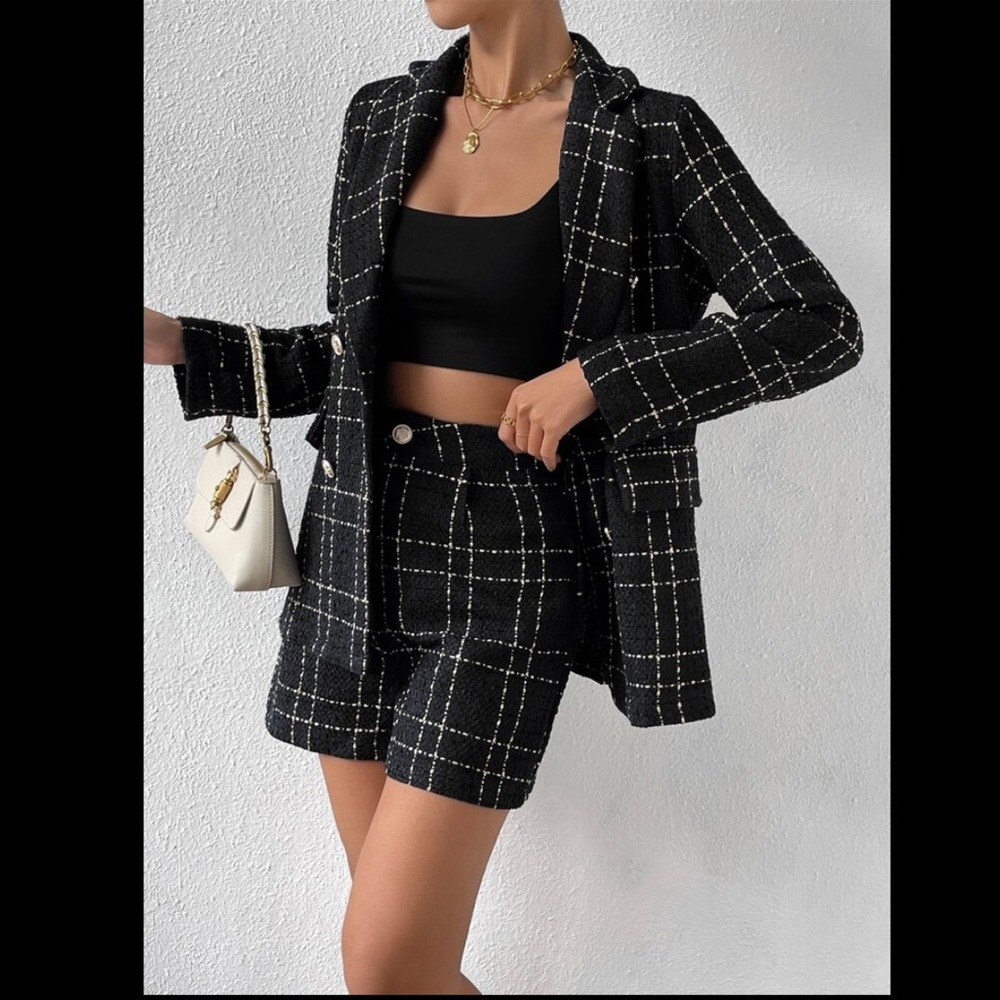 NWOT! Black Gold Windowpane Tweed Blazer & Short Set, Size XS - Picture 6 of 9